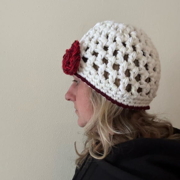 Handmade White Crochet Beanie with Red Flower - Picture 5 of 6